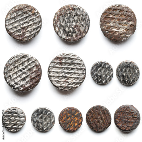 Metal nails head collection on white background