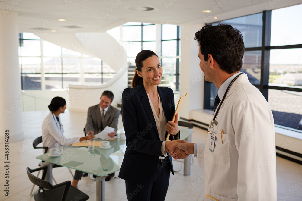 Fototapeta premium Doctor and businesswoman handshaking in meeting