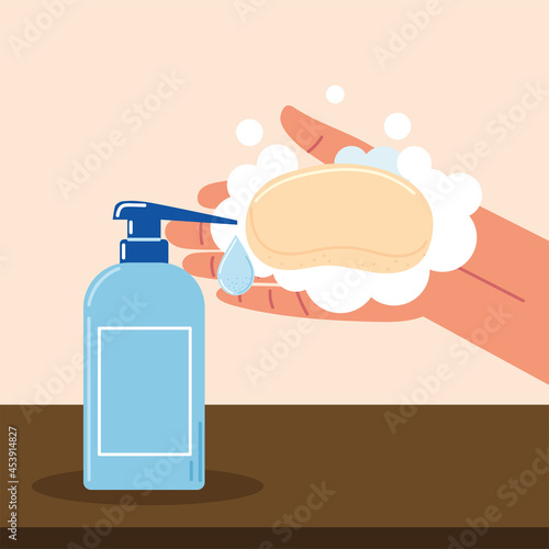 hand with disinfectant and soap