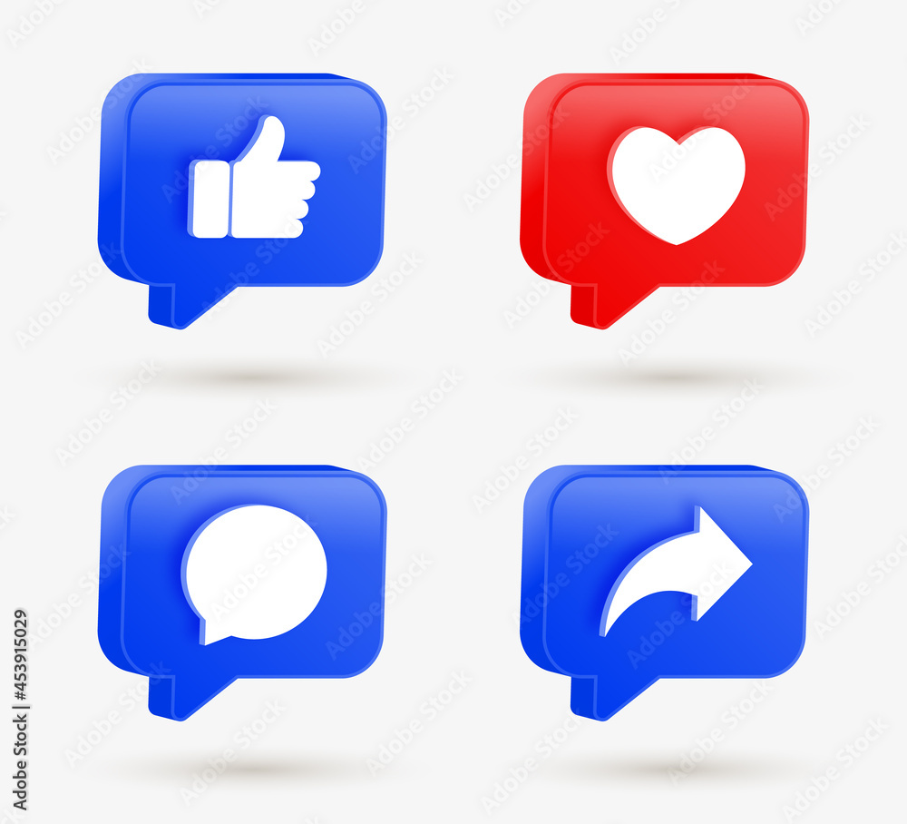 Social media notification icons in modern 3d speech bubbles like love comment share icon - Thumb up and heart icon. like, forward, comment repost icon Social media notification icons in modern 3d speech bubbles like love comment share icon - Thumb up and heart icon. like, forward, comment repost icon