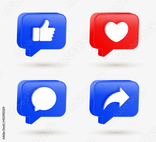 Social media notification icons in modern 3d speech bubbles like love comment share icon - Thumb up and heart icon. like, forward, comment repost icon