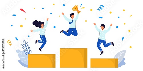People stand on the podium Goal achievement Successful businessmen Progress and career ladder Male and female characters Vector illustration Best winner prize. People are happy about the deal