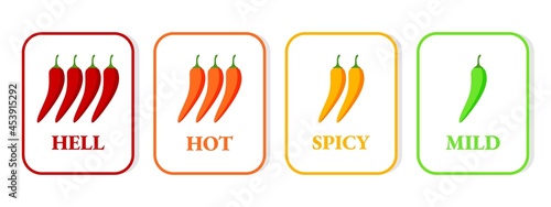 Spicy hot chili pepper icons set with flame and rating of spicy Mild, medium hot and extra hot level of pepper sauce or snack food Chili pepper or chile habanero and jalapeno level Hot pepper sign