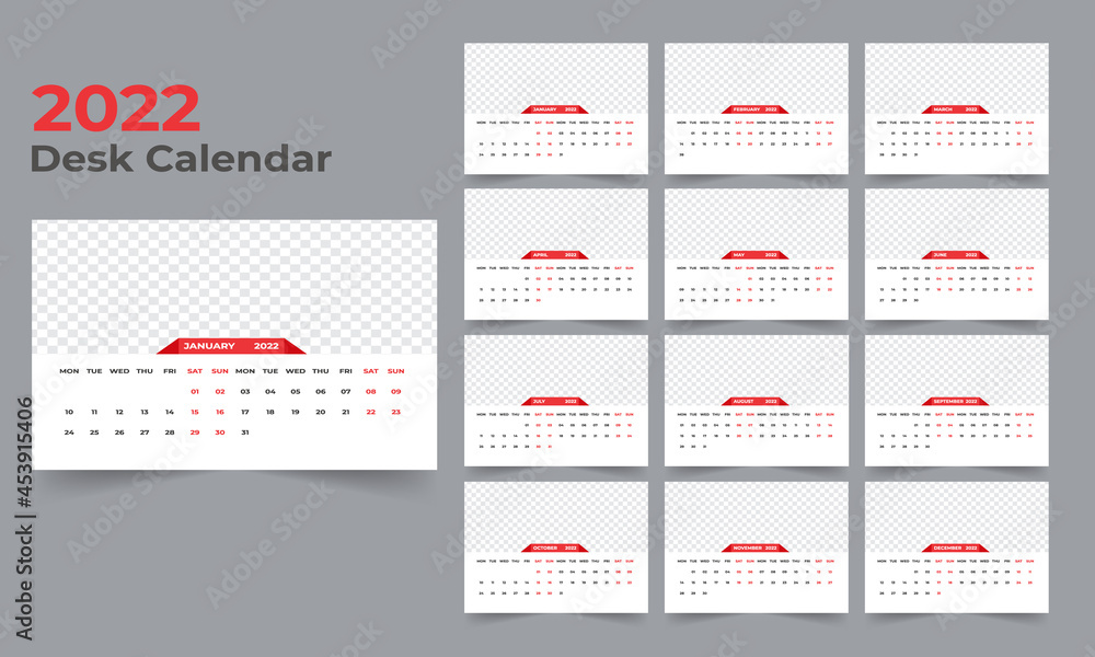 Desk Calendar template.The week monday on Sunday. Set of 12 Month Desk Calendar template.The week monday on Sunday. Set of 12 Month
