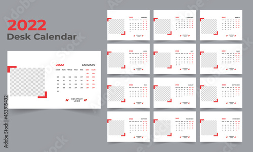Desk Calendar template.The week monday on Sunday. Set of 12 Month