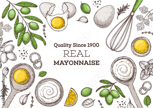 Mayonnaise sauce cooking and ingredients, hand drawn vector illustration. Homemade mayonnaise sauce, design elements. Hand drawn, package design.