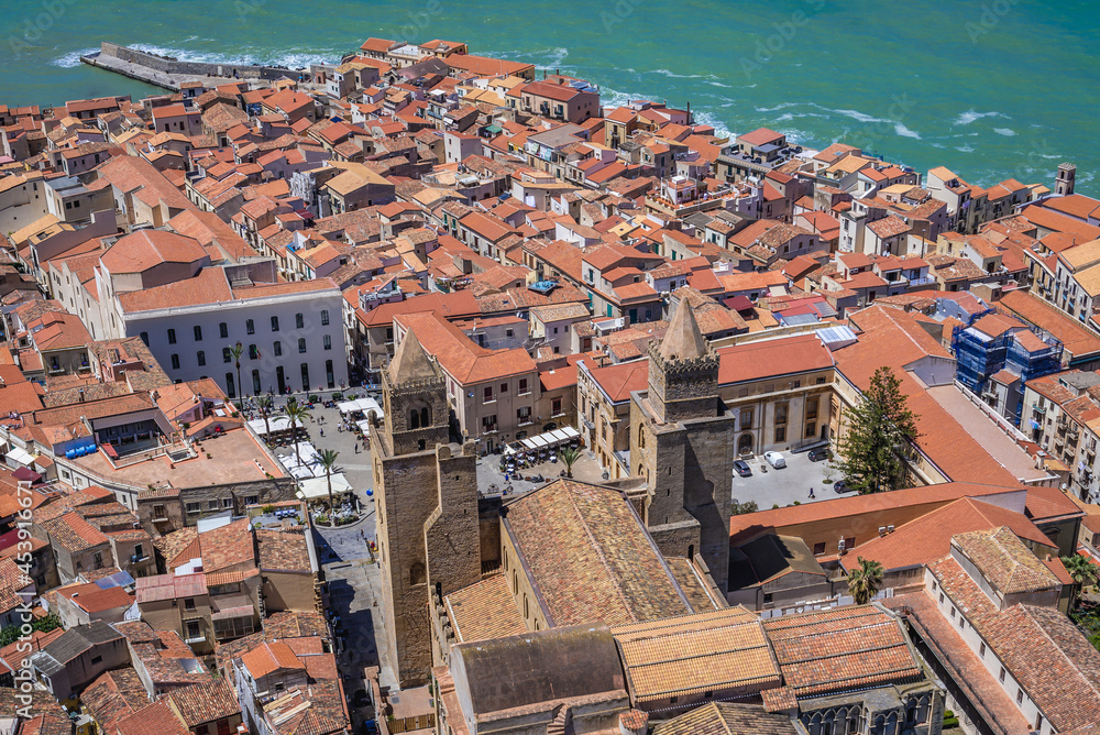 View from La Rocca mountain on Cathedral in Old Town of Cefalu town, Sicily Island, Italy