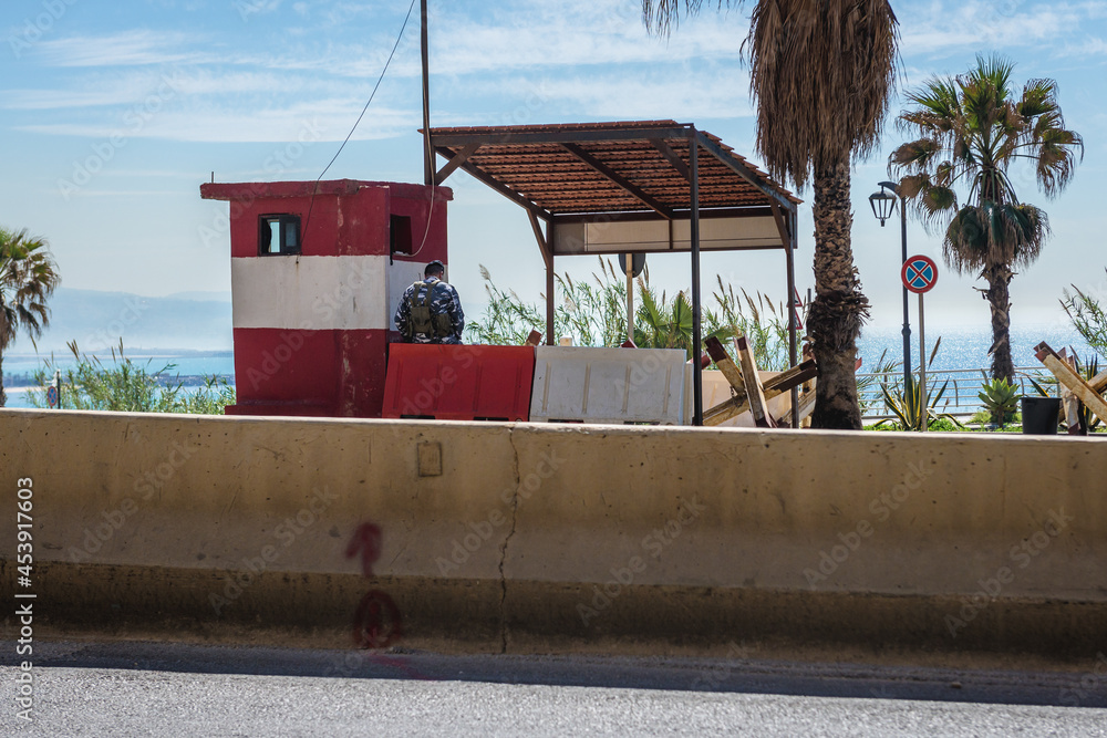 Fototapeta premium Military checkpoint on a street in Beirut capital city of Lebanon