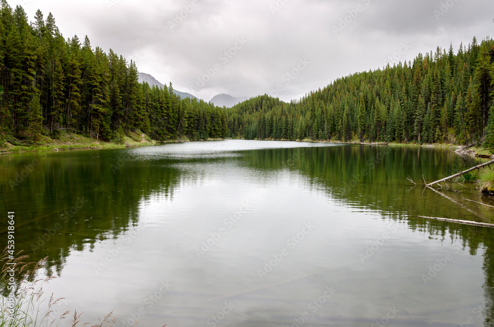 rain on Moose Lake reflection in cloudy day in summer in Jasper in Banff National Park, Alberta, Canada