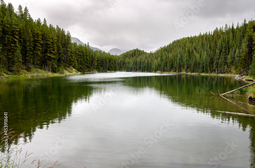 rain on Moose Lake reflection in cloudy day in summer in Jasper in Banff National Park, Alberta, Canada