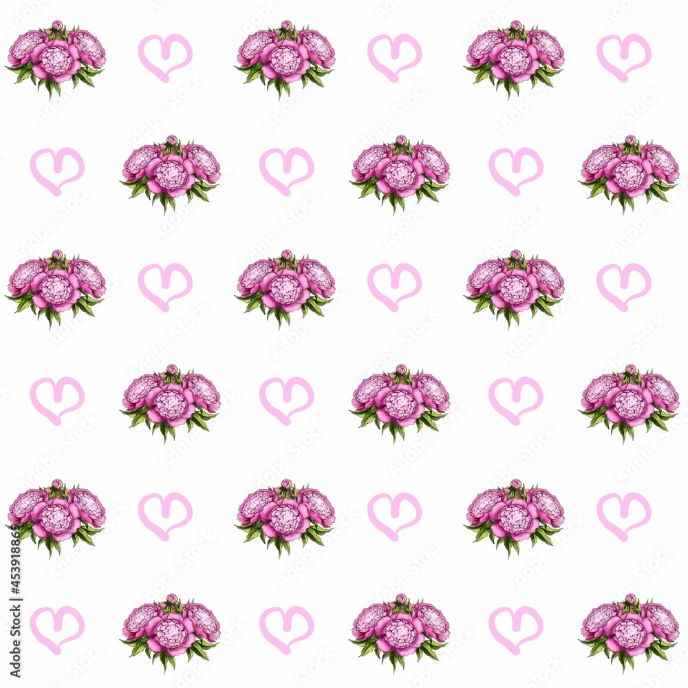 Seamless pattern with lovely delicate peonies and pink hearts Seamless pattern with lovely delicate peonies and pink hearts