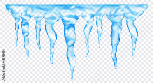 Group of translucent light blue realistic icicles of different lengths, connected at the top, isolated on transparent background. Transparency only in vector format