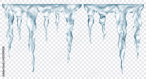 Group of translucent gray realistic icicles of different lengths, connected at the top, isolated on transparent background. Transparency only in vector format