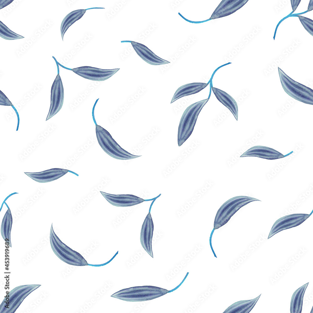 Botanical watercolor illustration blue leaves pattern Botanical watercolor illustration blue leaves pattern