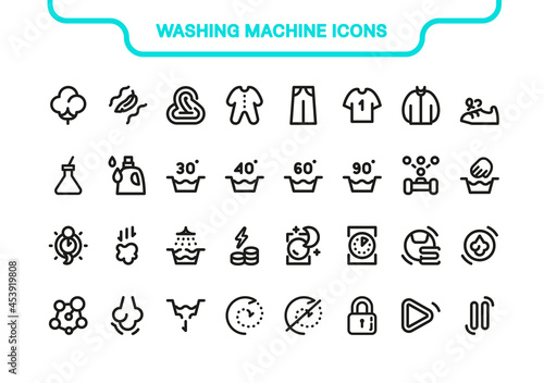 Vector icon line and fill set. Washing machine elements collection: mode, drying, manual, spinning, draining, deferred, intensive, temperature, eco, water, material, cotton, silk, jeans, synthetics