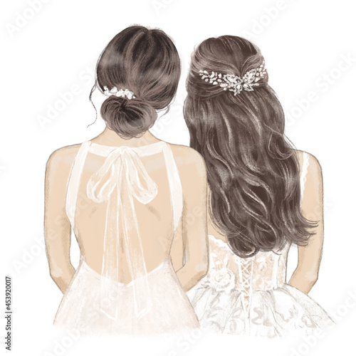 Bride and Bridesmaid on wedding day. Hand drawn Illustration