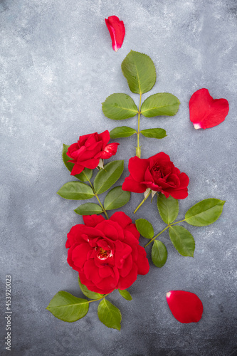 Flower arrangement of fresh red rose flowers on a gray background with space for text. Postcard.