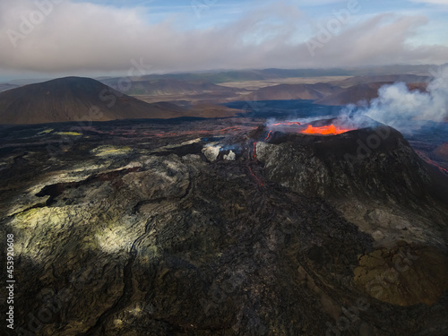 Impressive aerial view of the exploding red lava from the Active Volcano in Iceland