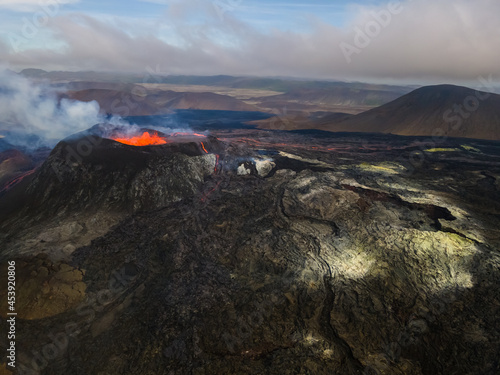 Impressive aerial view of the exploding red lava from the Active Volcano in Iceland