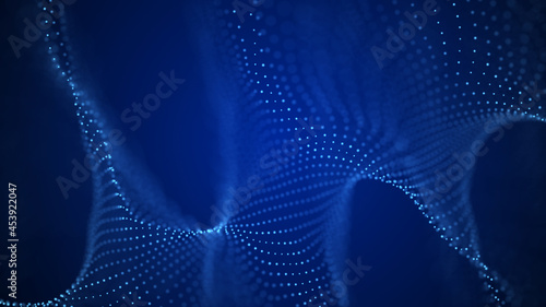 Blue dynamic particles wave. Embossed mesh representing internet connections, cloud computing and neural networks. Data flow. Technology background. 3d rendering.