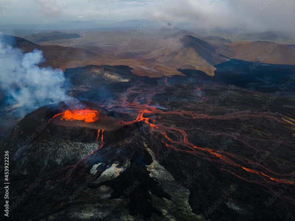 Impressive aerial view of the exploding red lava from the Active Volcano in Iceland