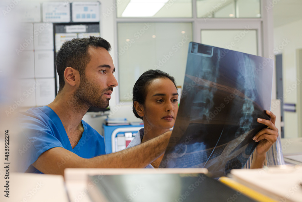 Fototapeta premium Surgeons examining x-rays in hospital