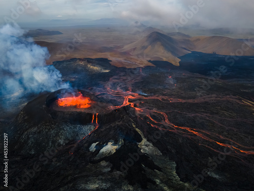 Impressive aerial view of the exploding red lava from the Active Volcano in Iceland