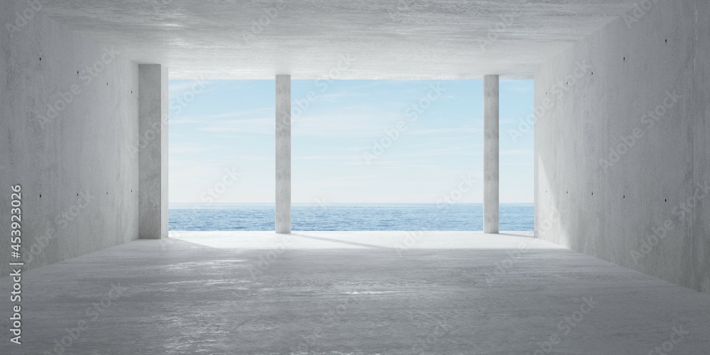 Fototapeta premium Abstract empty, modern concrete room with pillars and ocean view and rough floor - industrial interior background template