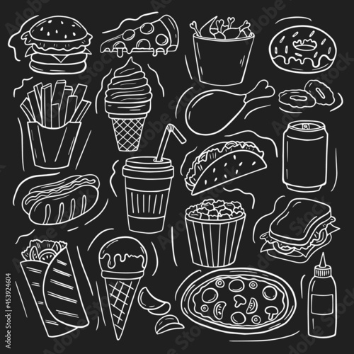Set of fast food doodle. Burger, hot dog, sausage, onion, donut, drinks, fries and pizza in sketch style. Hand drawn vector illustration isolated on black background.