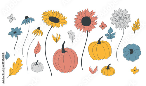 Vector autumn set with red, blue, and yellow doodle elements of pumpkins, leaves, flowers, sunflowers. Hello, autumn. Collections of elements for decoration, design, greeting cards, invitations, and