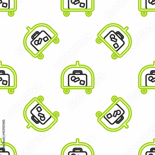 Line Hotel luggage cart with suitcase icon isolated seamless pattern on white background. Traveling baggage sign. Travel luggage icon. Vector
