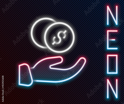 Glowing neon line Donation hand with money icon isolated on black background. Hand give money as donation symbol. Donate money and charity concept. Colorful outline concept. Vector