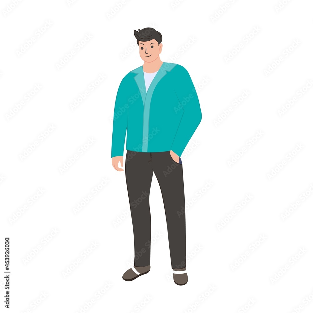 Businessman isolated on a white background. Vector flat illustration. Front view. Happy young man 