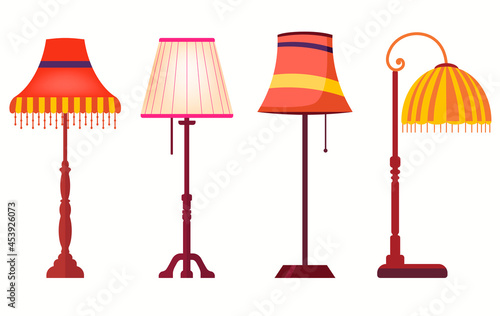 Lampshades on long stands. Set of Lamps. Table torcheres. Vector decor