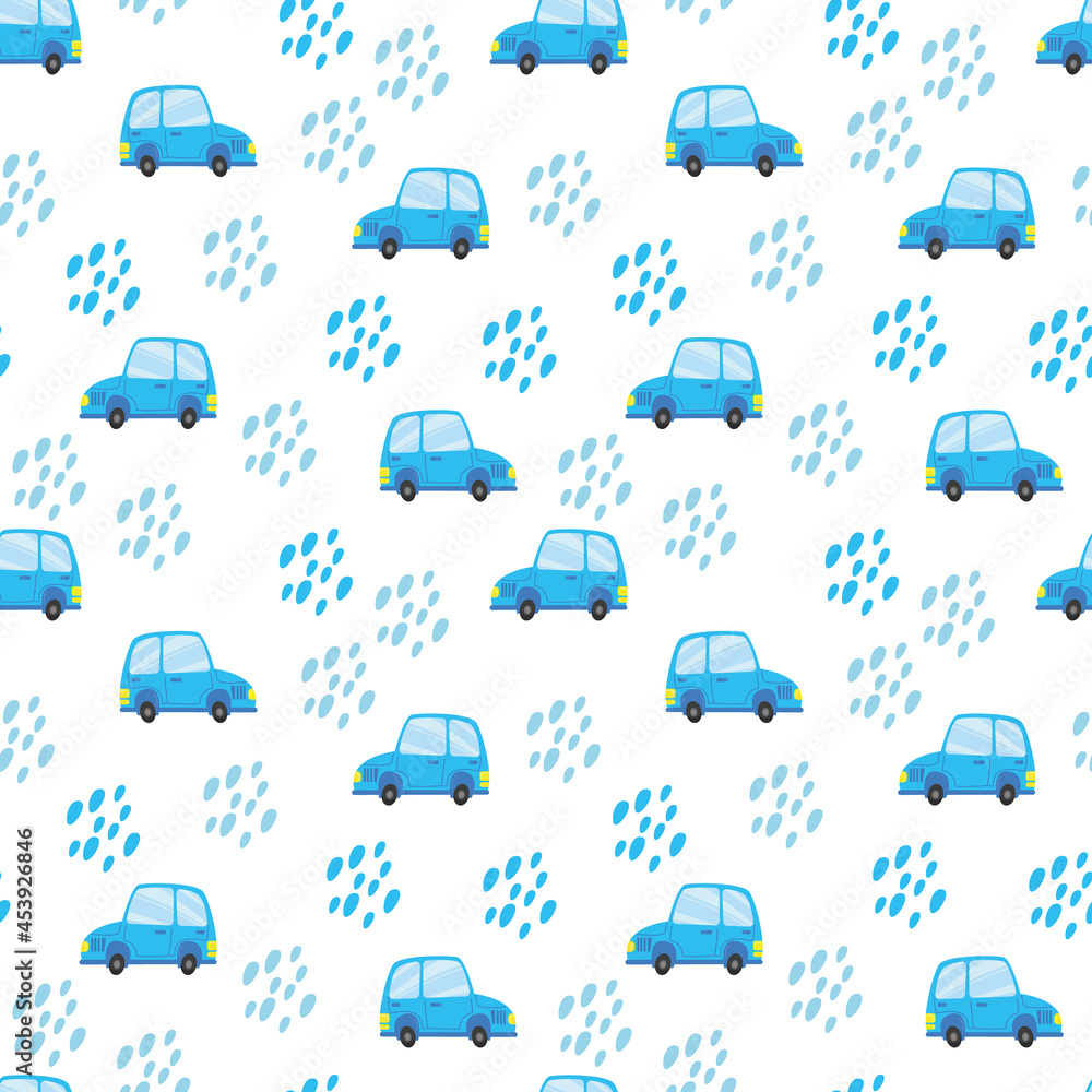 Seamless pattern with cute blue cars on a white background. Vector illustration in minimalistic flat style, hand drawing. Baby print for textiles, print design, postcards, kids
