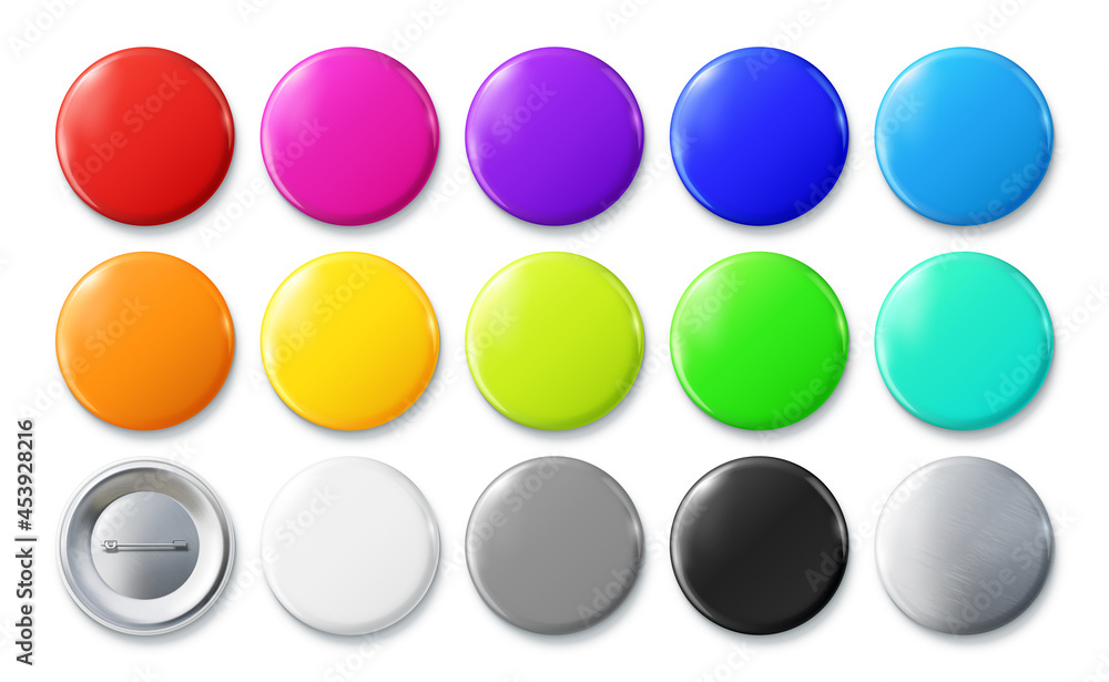 Color pin badges. Glossy round button, pinned badge vector mockup set Color pin badges. Glossy round button, pinned badge vector mockup set