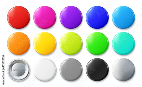 Color pin badges. Glossy round button, pinned badge vector mockup set