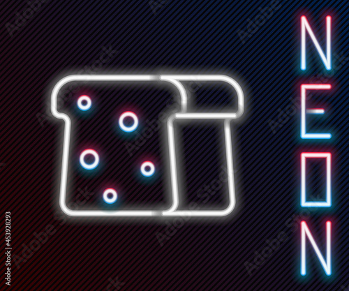 Glowing neon line Bread toast for sandwich piece of roasted crouton icon isolated on black background. Lunch, dinner, breakfast snack. Colorful outline concept. Vector