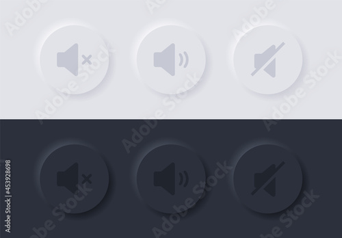 Speaker icon - sound volume icon button - Neomorphic circle loudspeaker symbol - Mute and unmute volume sound  - media player buttons in Neumorphism style with black and white