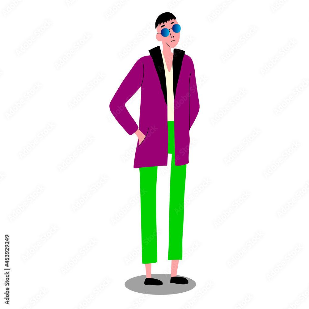 A young man with glasses, a purple jacket, green trousers. Modern youth fashion. Isolated vector illustration. Free style. Casual clothing. The character is standing in full height.