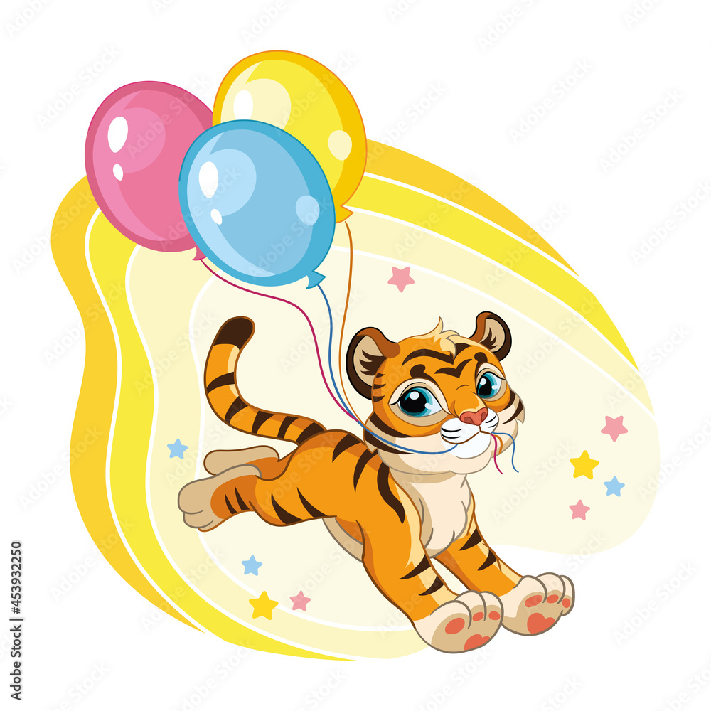 Fototapeta premium Cute cartoon vector tiger runs with balloons