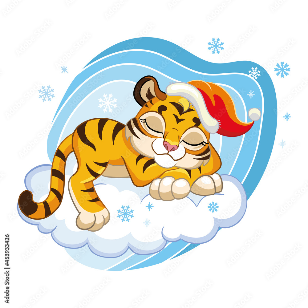 Cute cartoon vector tiger sleeping on a cloud Cute cartoon vector tiger sleeping on a cloud