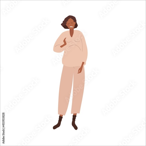 Pain in mammary glands during pregnancy. Pregnant woman feels discomfort due to breast enlargement and nipple sensitivit. African American Woman Flat vector illustration Pregnancy symptoms concept