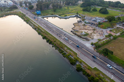                                                                             An aerial drone shot of the countryside in Tainan  Taiwan. 