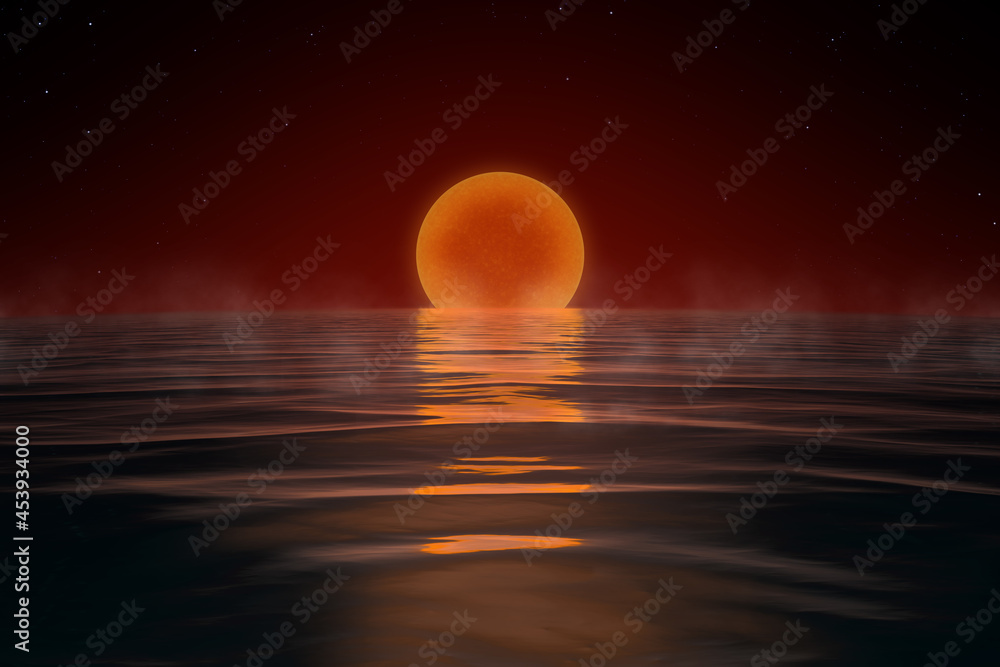 sunset at a science fiction planet water world