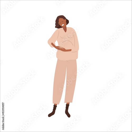 Gallbladder pain during pregnancy. Pregnant woman feels pain her right side, Bile colic. African American Woman holding right side. Flat vector illustration Pregnancy symptoms concept