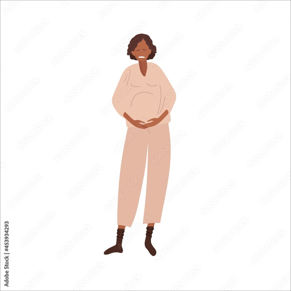Fototapeta premium Abdominal pain during pregnancy. Pregnant woman holding her belly, Risk of preterm birth. African American Woman suffers from vomiting, feel bad. Flat vector illustration. Pregnancy symptoms concept