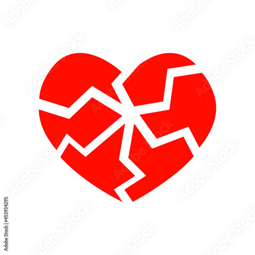 Red cracked heart icon isolated on white background. Symbol of heartbreak, divorce, parting, heart adisease, infarct. Vector flat illustration.