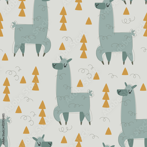 Seamless pattern with animal alpaca or llama on a gray background with golden triangular Christmas trees. Vector abstract illustration in minimalistic flat style, hand drawing. For print design