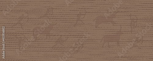 Elegant vector background in beige-brown tones with a matting texture and drawings in the Lascaux cave style. Abstract background with contours of bulls and hunters with bows. Rock paintings.